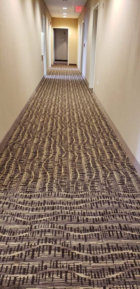 Long multi-unit building corridor with new carpet